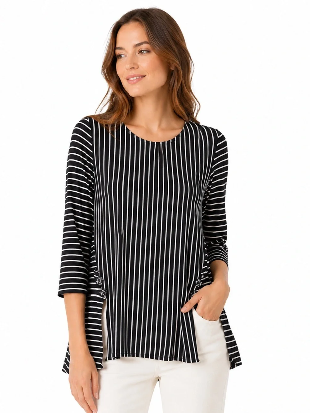 Joseph Ribkoff Striped Tunic Top Shirt button sz 6 Black White 3/4 Sleeve Canada - Picture 1 of 9